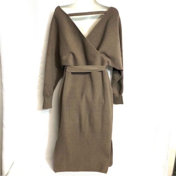 CHERFLY Khaki Brown V Neck Batwing Long Sleeve Backless Sweater Dress - Picture 8 of 9